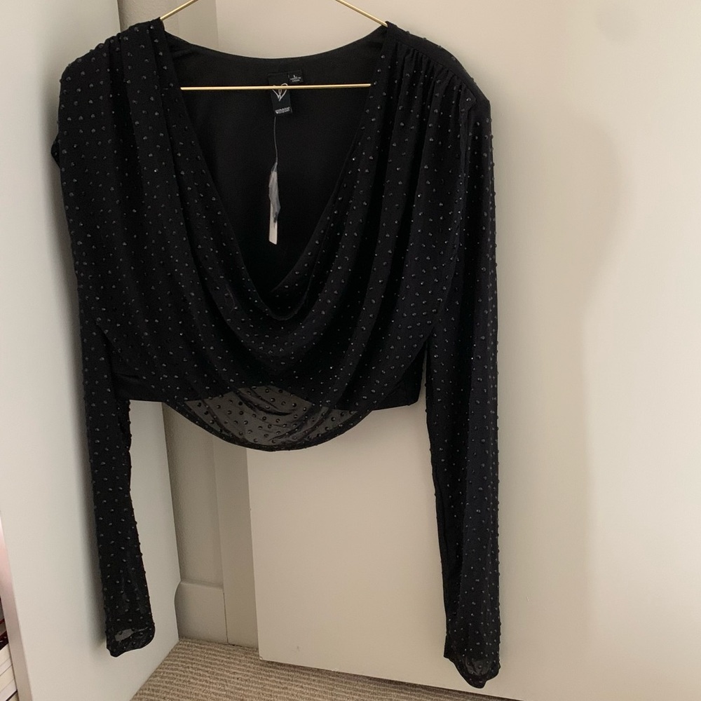 Windsor Sequined Draped Long-Sleeve Crop Top in Black